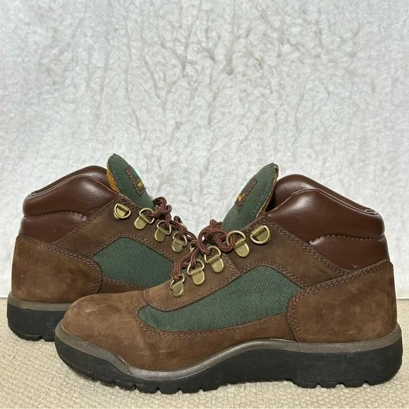Timberland Boys Brown/Green Field Leather Waterproof Hiking Boots Shoes SZ 3.5 - Picture 7 of 12